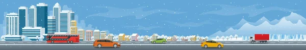 Plochá panorama Panorama s městské mrakodrapy a silnice s auty. Město pod sněhem, zimní koncept bydlení. Vektorové ilustrace — Stockový vektor