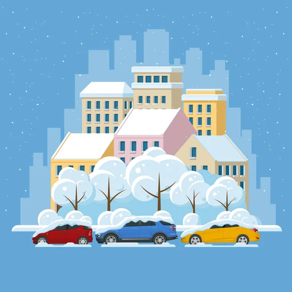 Platte panorama skyline met stedelijke wolkenkrabbers en weg met de auto. Stad onder de sneeuw, Winter stad concept. Vectorillustratie — Stockvector
