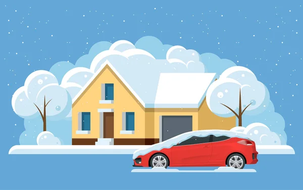 Lapos panoráma kis ház alatt a hó és az autó, a snowdrifts. Város, hó, tél város fogalma alatt. Vektoros illusztráció karácsonyi téli — Stock Vector