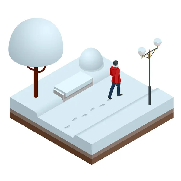 En hiver, un homme marche à travers la neige dans un parc municipal, laissant des traces de pas dans la neige. Concept Isometric Winter. Banc recouvert de neige parmi les arbres d'hiver givrés et les lampadaires — Image vectorielle