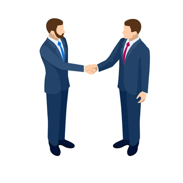 Isometrisches Business-Handshake-Konzept. Zwei Geschäftspartner in schwarzen eleganten Anzügen geben sich erfolgreich die Hand und reden miteinander, während sie eine neue Strategie isoliert auf Weiß diskutieren. Vektorillustration. — Stockvektor