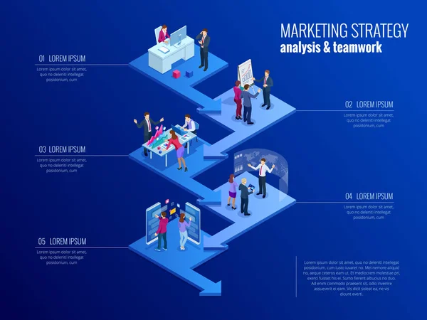 Πρότυπο infographics ισομετρική παρουσίαση επιχειρήσεων με 5 επιλογές. Επαγγελματίες οπτικοποίηση δεδομένων, ψηφιακό μάρκετινγκ, στρατηγικής, μάρκετινγκ, τεχνολογίες. Διάγραμμα διαδικασίας. Δημιουργική ιδέα για infographic — Διανυσματικό Αρχείο