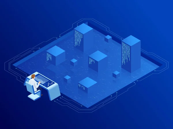 Sala de servidores isométricos en el centro de datos. Administrador Monitores Trabajo de Inteligencia Artificial. Ingenieros profesionales de TI que trabajan en el centro de control del sistema . — Archivo Imágenes Vectoriales