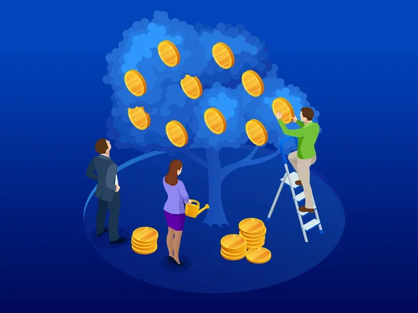 Árbol isométrico hecho de dinero, un símbolo de negocios exitosos en el fondo azul. Un equipo de negocios recauda beneficios de un proyecto de efectivo exitoso y rentable . — Vector de stock