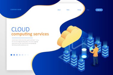 Web sayfası tasarım şablonları kavramı Cloud Computing. İzometrik bulut hizmetleri. Internet teknolojisi. Çevrimiçi hizmetler. Veri, bilgi güvenliği. Vektör çizim.