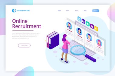 İzometrik online iş arama ve insan kaynakları, işe alım kavramı. Biz işe vardır. İstihdam ve alımı için Infographics sunusu. Şablon Web sitesi açılış sayfası.