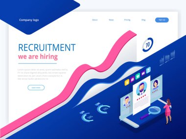 İzometrik online iş arama ve insan kaynakları, işe alım kavramı. Biz işe vardır. İstihdam ve alımı için Infographics sunusu. Şablon Web sitesi açılış sayfası.