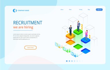 İzometrik online iş arama ve insan kaynakları, işe alım kavramı. Biz işe vardır. İstihdam ve alımı için Infographics sunusu. Şablon Web sitesi açılış sayfası.