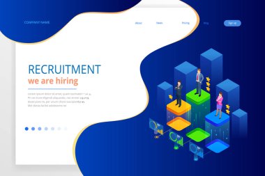 İzometrik online iş arama ve insan kaynakları, işe alım kavramı. Biz işe vardır. İstihdam ve alımı için Infographics sunusu. Şablon Web sitesi açılış sayfası.