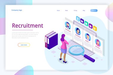 İzometrik online iş arama ve insan kaynakları, işe alım kavramı. Biz işe vardır. İstihdam ve alımı için Infographics sunusu. Şablon Web sitesi açılış sayfası.
