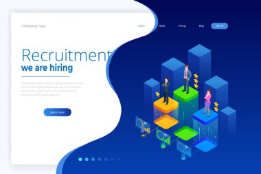 İzometrik online iş arama ve insan kaynakları, işe alım kavramı. Biz işe vardır. İstihdam ve alımı için Infographics sunusu. Şablon Web sitesi açılış sayfası.