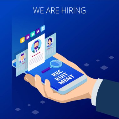 İzometrik online iş arama ve insan kaynakları, işe alım kavramı. Biz işe vardır. İstihdam ve alımı için Infographics sunusu.