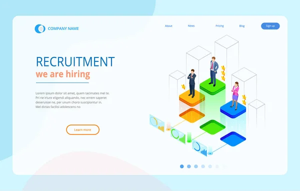 Isometrisk online jobb Sök och mänskliga resurser, rekrytering koncept. Vi anställer. Presentation för sysselsättning och infographics för att rekrytera. Mall webbplats målsida. — Stock vektor