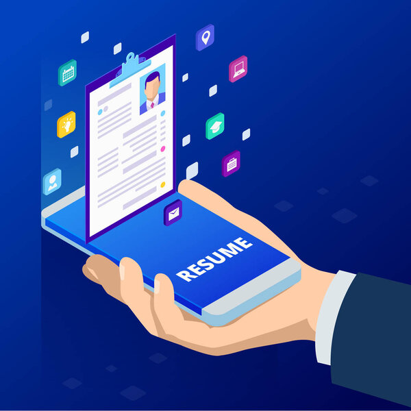 Isometric online job search and human resource, recruitment concept. Resume. Male hands using smartphone searching for work opportunity on career recruitment app