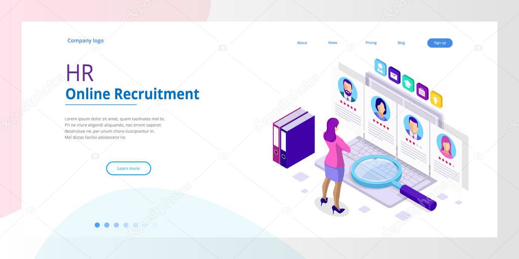 Isometric online job search and human resource, recruitment concept. We are hiring. Presentation for employment and infographics for recruiting. Template website Landing page.