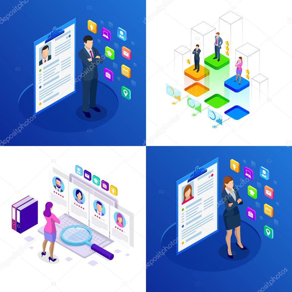 Isometric set of online job search and human resource, recruitment concept. We are hiring. Presentation for employment and infographics for recruiting.