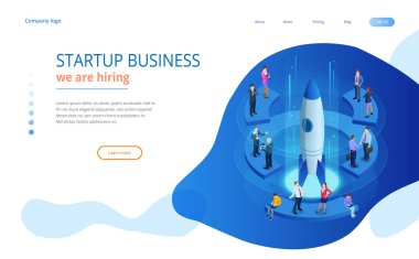 İzometrik Businnes Start Up için web sayfası, afiş, tanıtım, açılış sayfası tasarımı sosyal medya kavramı. Gelir ve başarı. İş illüstrasyon vektör