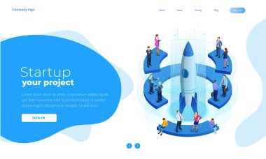 İzometrik Businnes Start Up için web sayfası, afiş, tanıtım, açılış sayfası tasarımı sosyal medya kavramı. Gelir ve başarı. İş illüstrasyon vektör