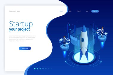 İzometrik Businnes Start Up için web sayfası, afiş, tanıtım, açılış sayfası tasarımı sosyal medya kavramı. Gelir ve başarı. İş illüstrasyon vektör
