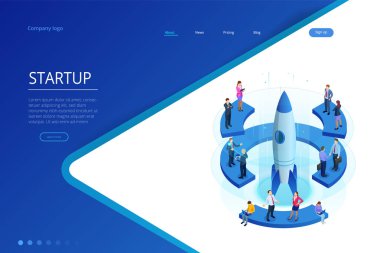İzometrik Businnes Start Up için web sayfası, afiş, tanıtım, açılış sayfası tasarımı sosyal medya kavramı. Gelir ve başarı. İş illüstrasyon vektör