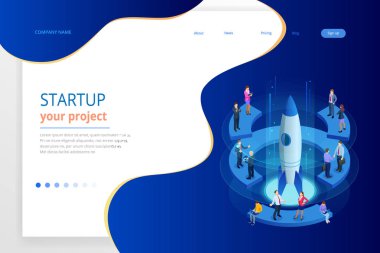 İzometrik Businnes Start Up için web sayfası, afiş, tanıtım, açılış sayfası tasarımı sosyal medya kavramı. Gelir ve başarı. İş illüstrasyon vektör