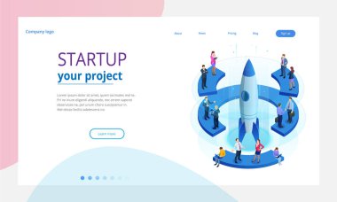 İzometrik Businnes Start Up için web sayfası, afiş, tanıtım, açılış sayfası tasarımı sosyal medya kavramı. Gelir ve başarı. İş illüstrasyon vektör