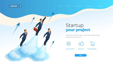 İzometrik Businnes Start Up için web sayfası, afiş, tanıtım, açılış sayfası tasarımı sosyal medya kavramı. Gelir ve başarı. İş illüstrasyon vektör