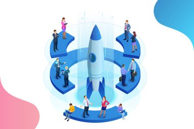 İzometrik Businnes Start Up için web sayfası, afiş, tanıtım, açılış sayfası tasarımı sosyal medya kavramı. Gelir ve başarı. Vektör iş Infographics çizim