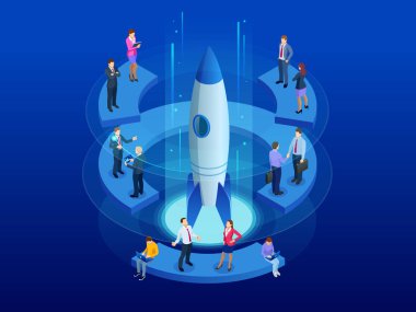 İzometrik Businnes Start Up için web sayfası, afiş, tanıtım, sosyal medya kavramı. Gelir ve başarı. Vektör iş Infographics çizim