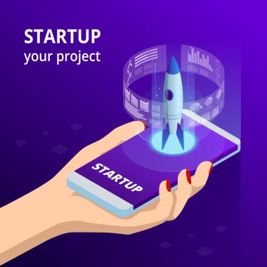 İzometrik Online Businnes Start Up için web sayfası, afiş, tanıtım, sosyal medya kavramı. Gelir ve başarı. Vektör iş Infographics çizim