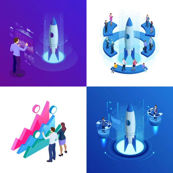 Isometric quatre concepts de Businnes Start Up pour la page Web, bannière, présentation, médias sociaux. Revenu et succès. Illustration vectorielle d'infographie commerciale — Image vectorielle