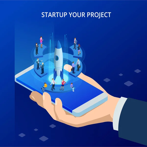 Isometric Online Businnes Start Up для веб-сторінки, банера, презентації, концепції соціальних медіа. Дохід і успіх. Вектор бізнес інфографіка ілюстрація — стоковий вектор