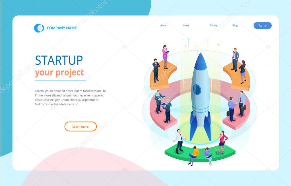 Isometric Businnes Start Up for web page, banner, presentation, social media concept landing page design. Income and Success. Vector Business illustration