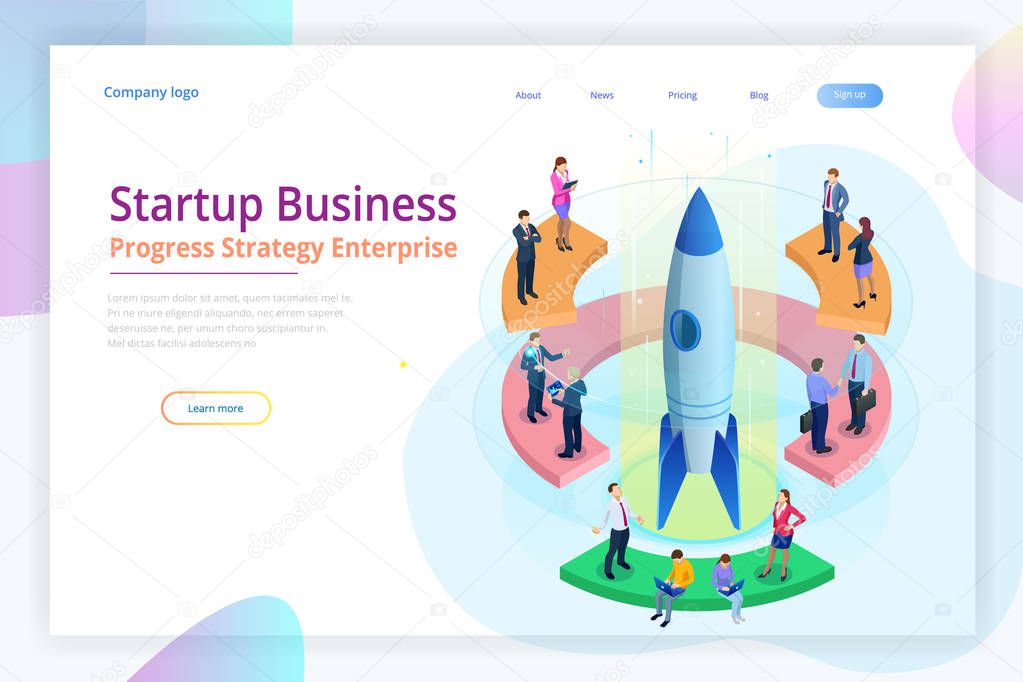 Isometric Businnes Start Up for web page, banner, presentation, social media concept landing page design. Income and Success. Vector Business illustration