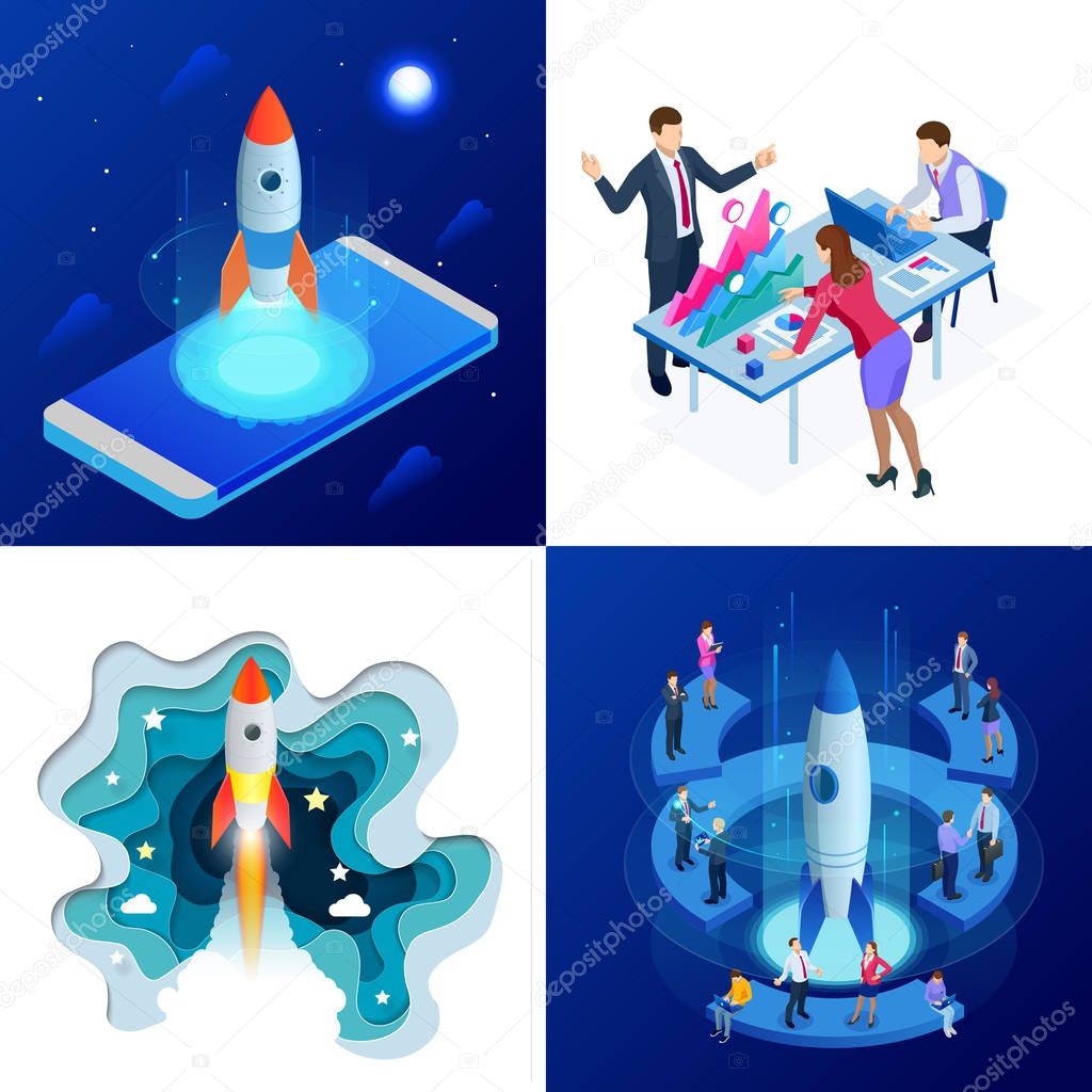 Isometric four concepts of Businnes Start Up for web page, banner, presentation, social media. Income and Success. Vector Business Infographics illustration.