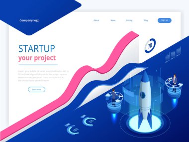 İzometrik Businnes Start Up için web sayfası, afiş, tanıtım, açılış sayfası tasarımı sosyal medya kavramı. Gelir ve başarı. Vektör iş Infographics çizim