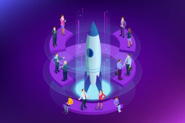 İzometrik Businnes Start Up için web sayfası, afiş, tanıtım, sosyal medya kavramı. Gelir ve başarı. Vektör iş Infographics çizim