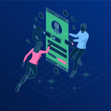 İşe Alım yönetimi izometrik kavramı. İstihdam, sosyal tanıtımı için işe. Çalışan işe alma için uygulama. Yeni çalışanlar için arayın. Kariyer büyüme. İş ve iş başarı