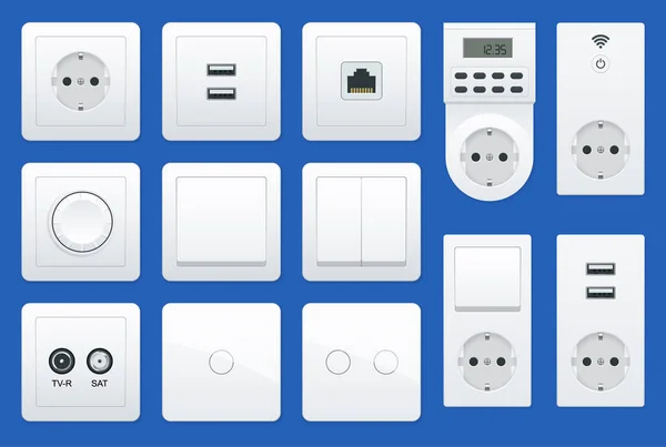 Switches and sockets set. All types. AC power sockets realistic illustration — Stock Vector