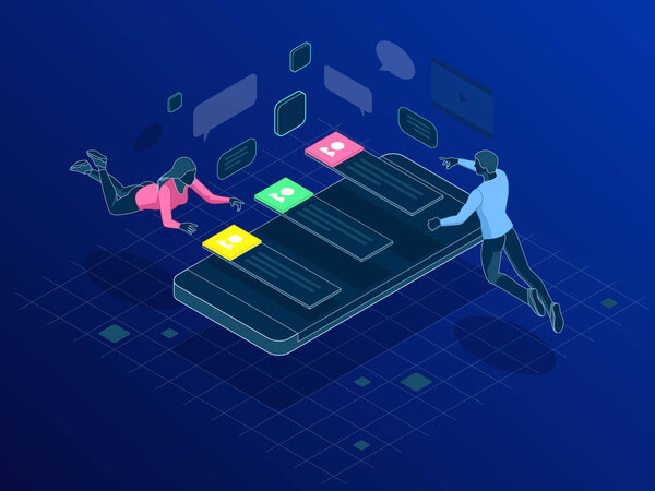 Социальная сеть. Люди, соединяющиеся по всему миру. Люди оставляют комментарии и лайки к постам. Векторная иллюстрация
