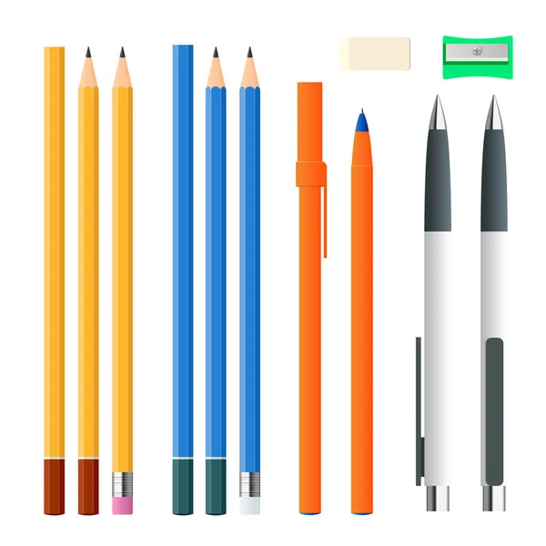 Isometric Set Colored Engineering Office Pens Sharpened Pencils Various Lengths — Stock Vector