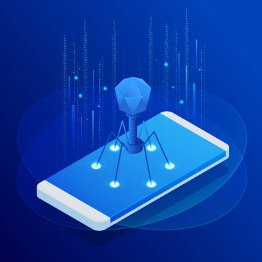 Virüs, uyarı bildirimi, kesmek, cybersecurity, dolandırıcılık internet hata kavramı ile izometrik dokunmatik telefon. Smartphone kullanıcı veritabanı kesmek. Yeni teknolojileri güvenlik.