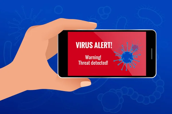 Virüs uyarısı ile oluşturulan dokunmatik telefon ekran konsepti üzerinde tutan işadamı el. Smartphone kullanıcı veritabanı kesmek. Yeni teknolojileri güvenlik. — Stok Vektör