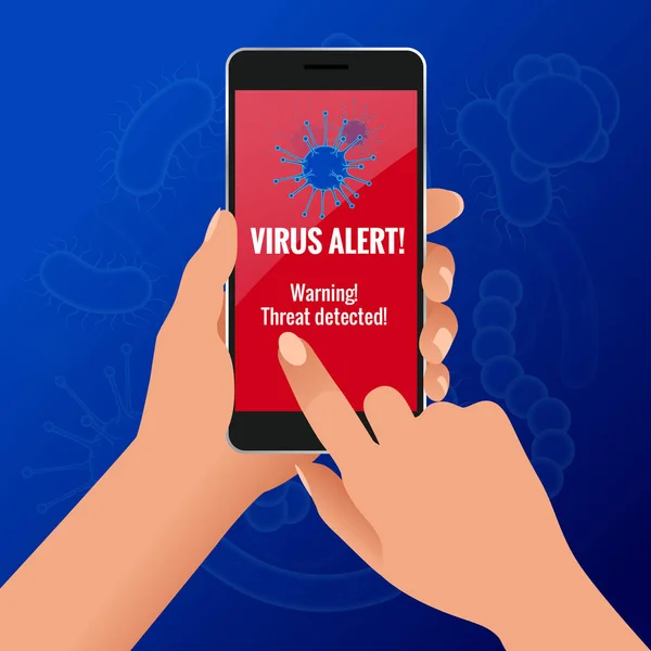 Virüs uyarısı ile oluşturulan dokunmatik telefon ekran konsepti üzerinde tutan kadın el. Smartphone kullanıcı veritabanı kesmek. Yeni teknolojileri güvenlik. — Stok Vektör