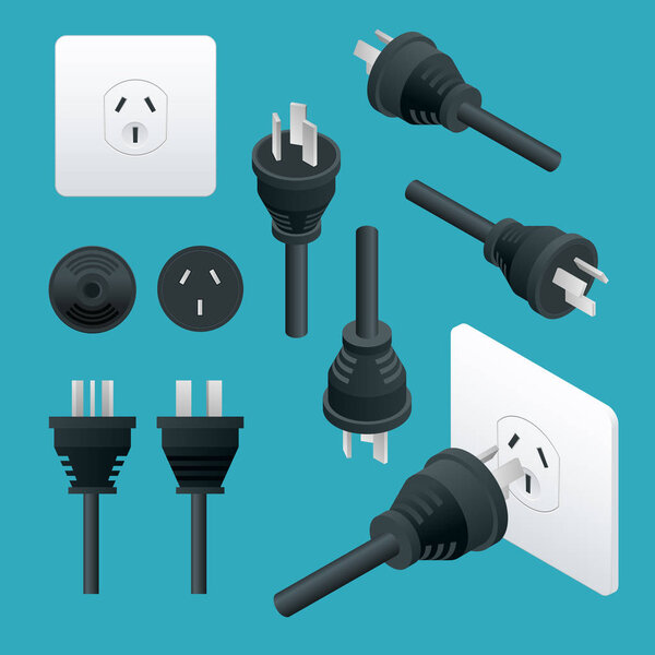 Set od Plugs and Sockets Type I Используется в Австралии, Новой Зеландии, Папуа-Новой Гвинее, Аргентине. Вид спереди и изометрический. Векторная иллюстрация
