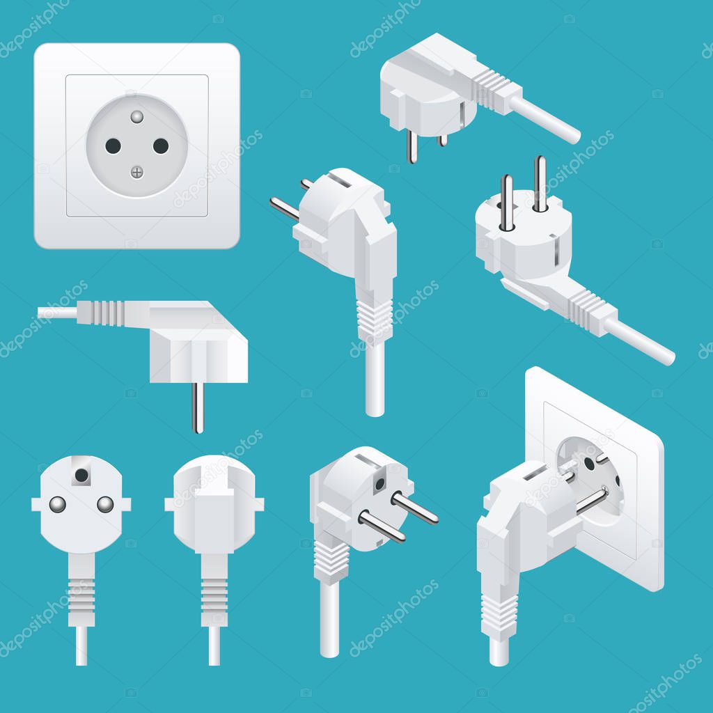 Set od Plugs and Sockets Type E. Used in Europe, France, Belgium, Slovakia and Tunisia, Burundi, Cameroon among others. View front and isometric. Vector illustration