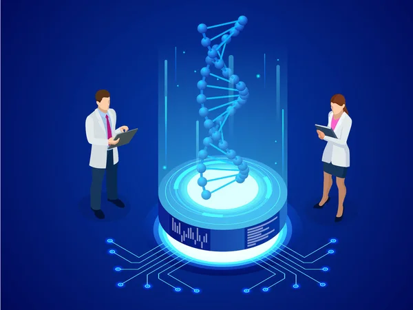 Isometrische dna helix, dna analysierendes Konzept. Digitaler blauer Hintergrund. Innovation, Medizin und Technologie. — Stockvektor