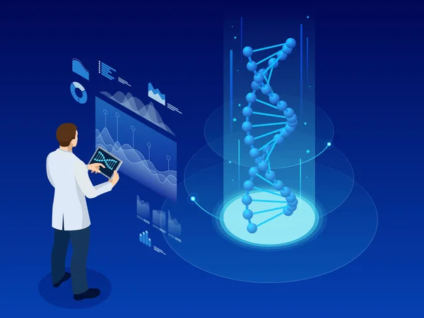 Isometrische dna helix, dna analysierendes Konzept. Digitaler blauer Hintergrund. Innovation, Medizin und Technologie. — Stockvektor