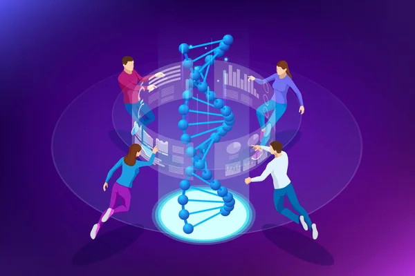 Hélice isométrica de ADN, concepto de análisis de ADN. Fondo azul digital. Innovación, medicina y tecnología . — Archivo Imágenes Vectoriales