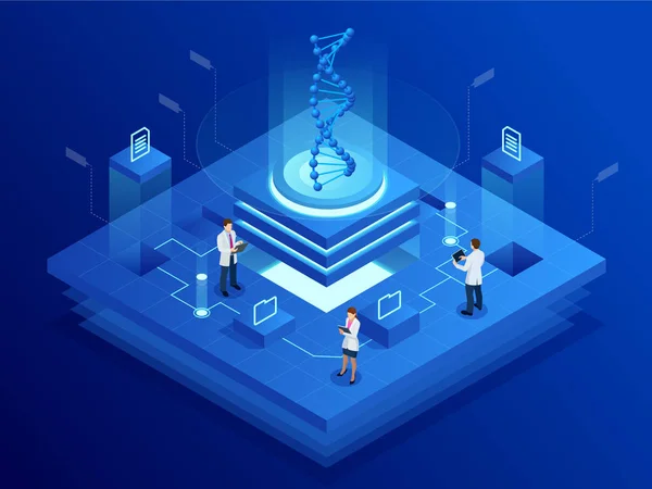 Isometrische dna helix, dna analysierendes Konzept. Digitaler blauer Hintergrund. Innovation, Medizin und Technologie. — Stockvektor